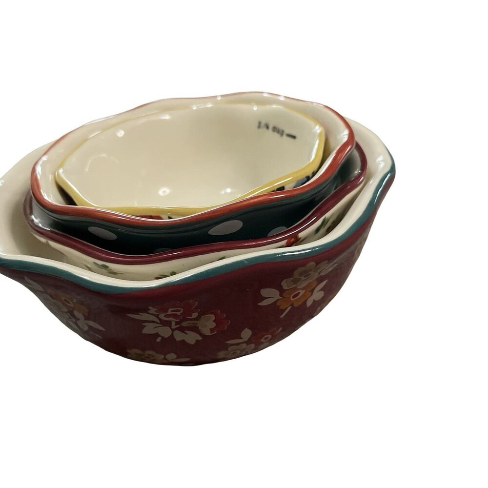 Pioneer Woman Set of Four Stoneware Measuring Cups/Bowls Floral Polka Dot